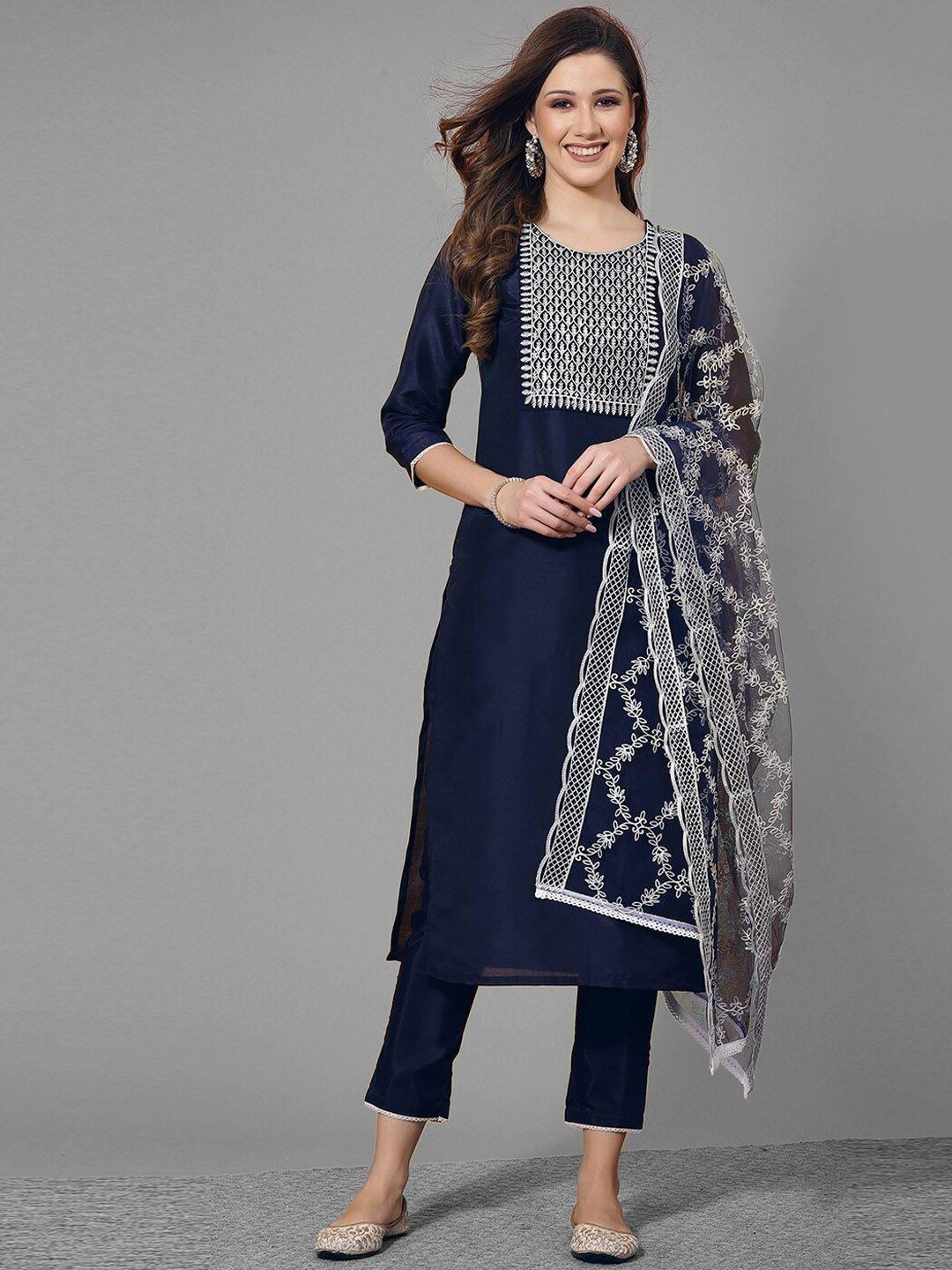 skylee women navy blue ethnic motifs embroidered regular sequinned kurta with trousers & with dupatta