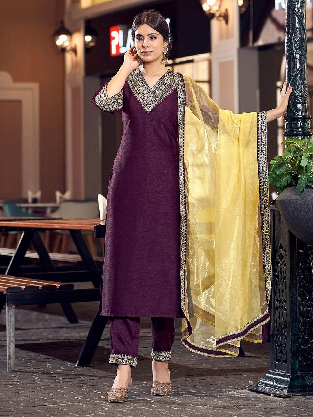 skylee women purple embroidered regular thread work kurti with trousers & with dupatta
