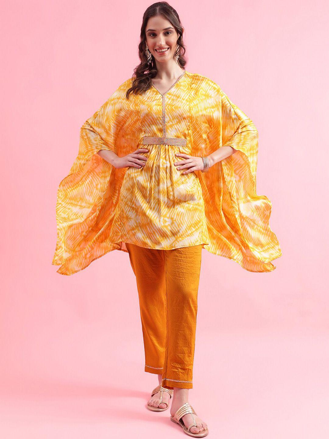 skylee women yellow & white dyed gotta patti kaftan kurta with trousers