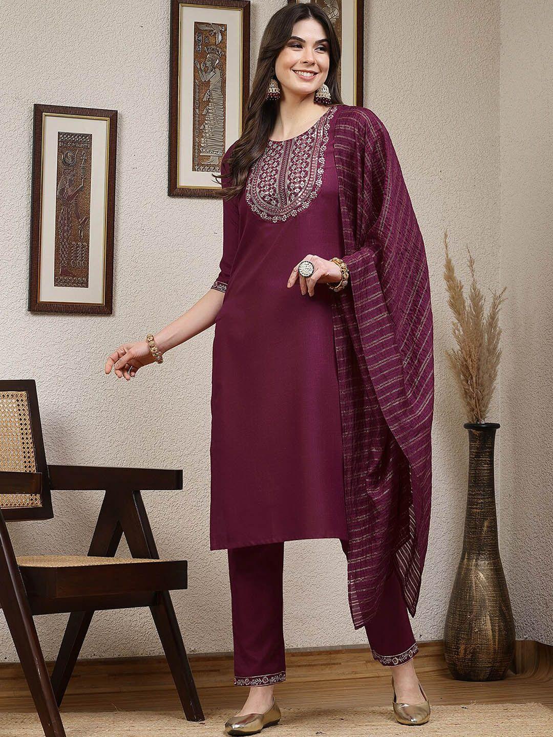 skylee women yoke design regular mirror work kurta with trousers & with dupatta