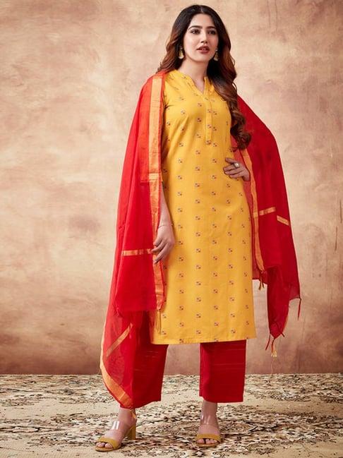 skylee yellow & red cotton printed kurta palazzo set with dupatta