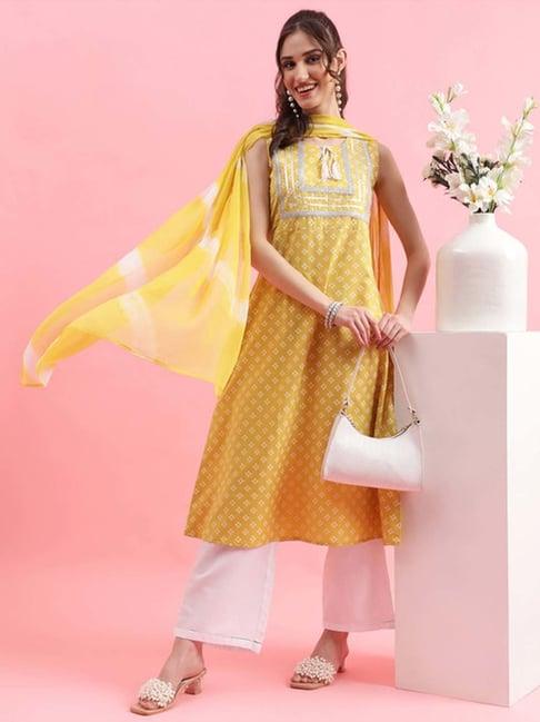 skylee yellow & white printed kurta palazzo set with dupatta
