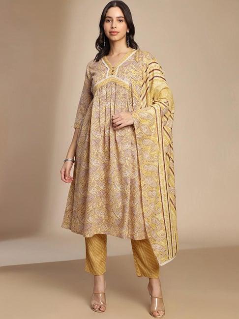 skylee yellow cotton printed kurta pant set with dupatta