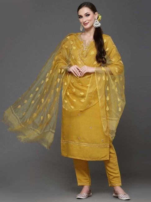 skylee yellow embroidered kurta pant set with dupatta