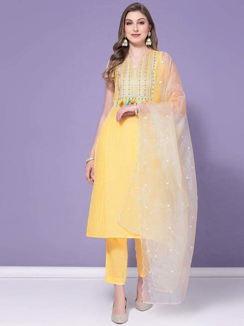 skylee yellow embroidered kurta pant set with dupatta