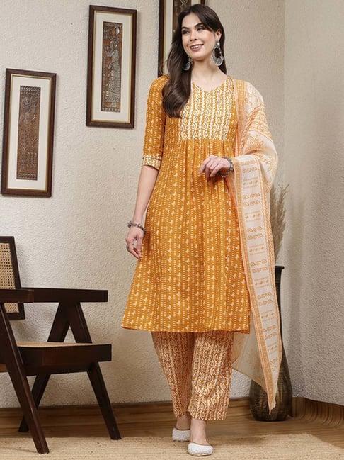 skylee yellow printed kurta pant set with dupatta