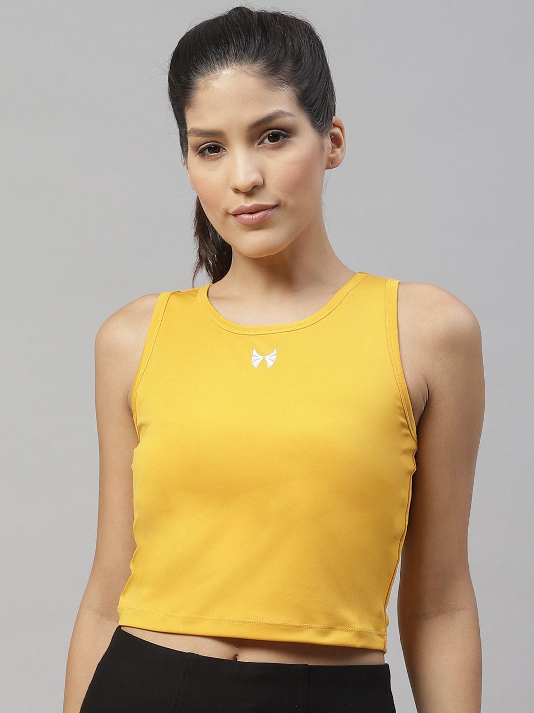 skyria women mustard yellow solid slim fit cropped t-shirt