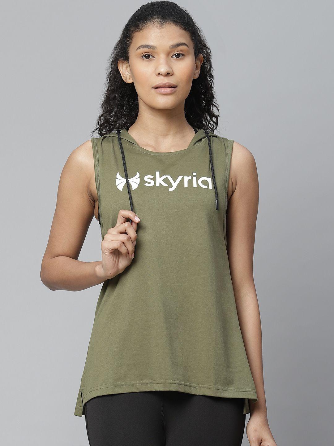 skyria women olive green solid hooded tank top