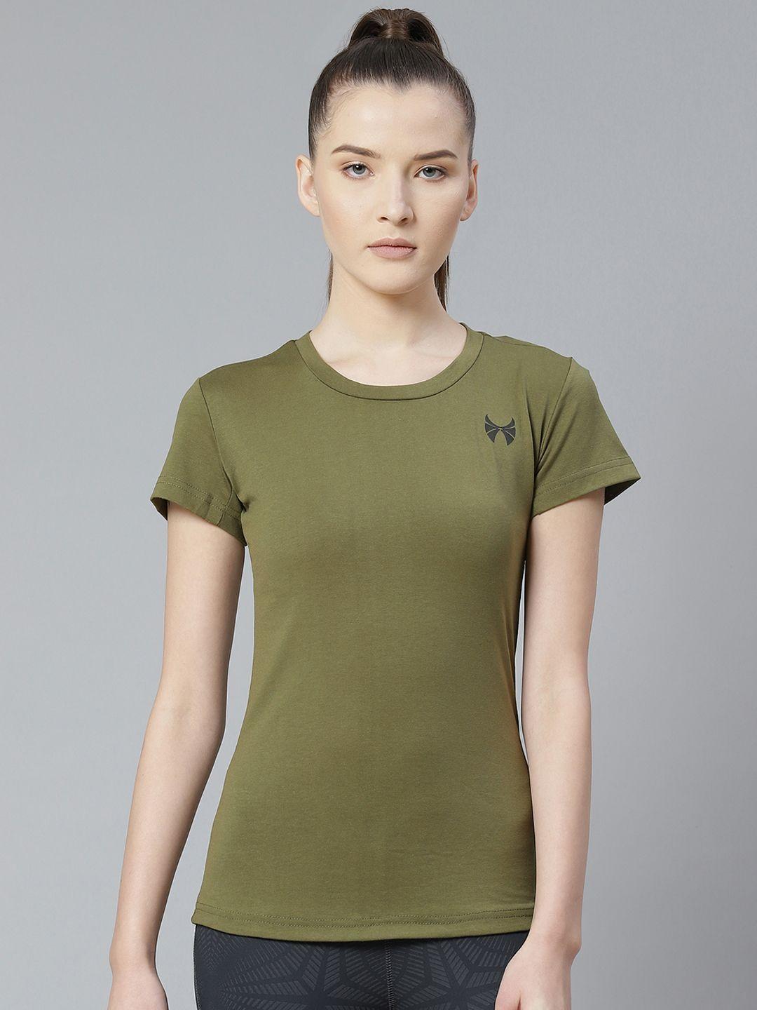 skyria women olive green solid round neck t-shirt