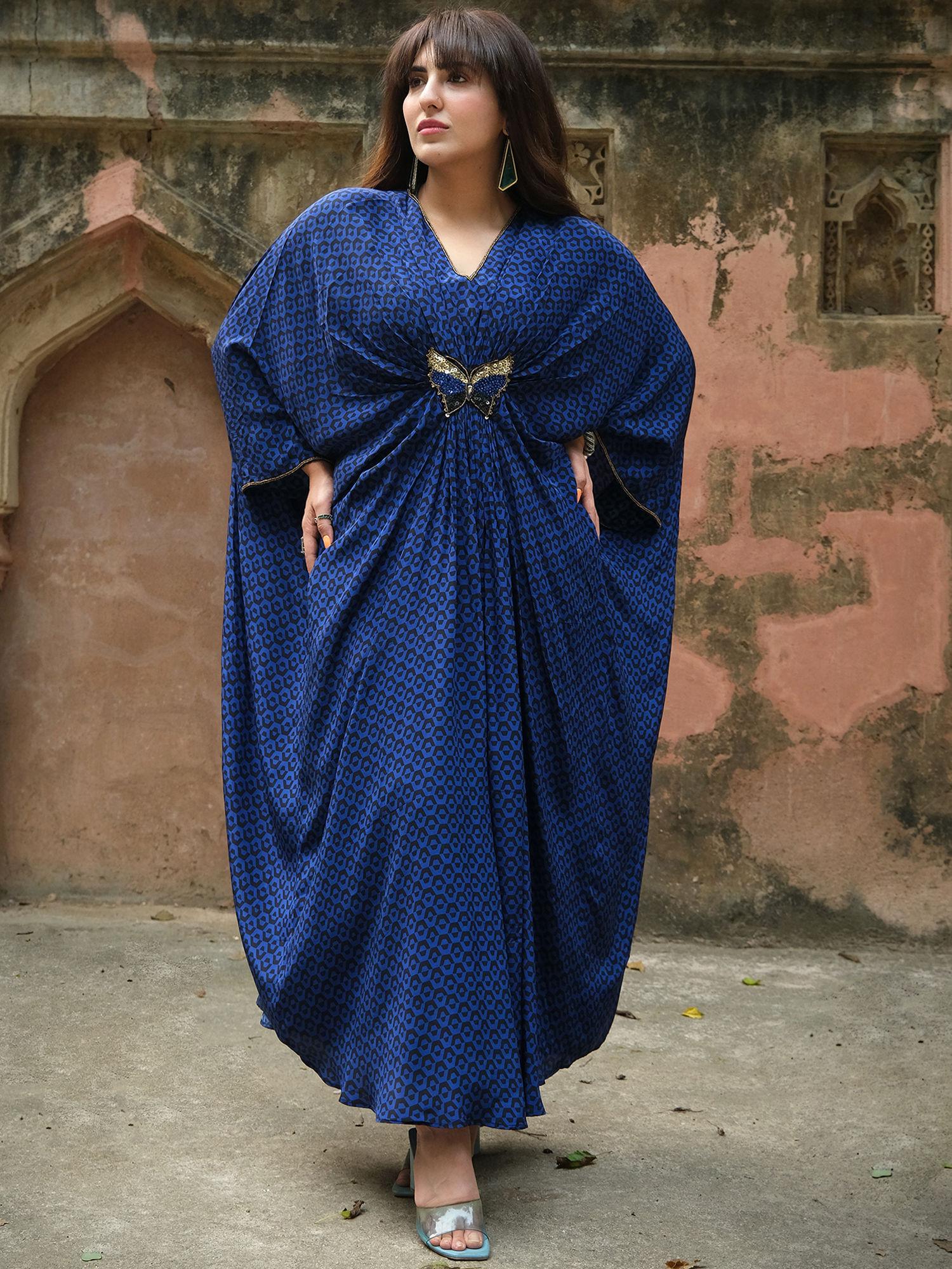 slate blue honeycomb silk kaftan dress with butterfly motif