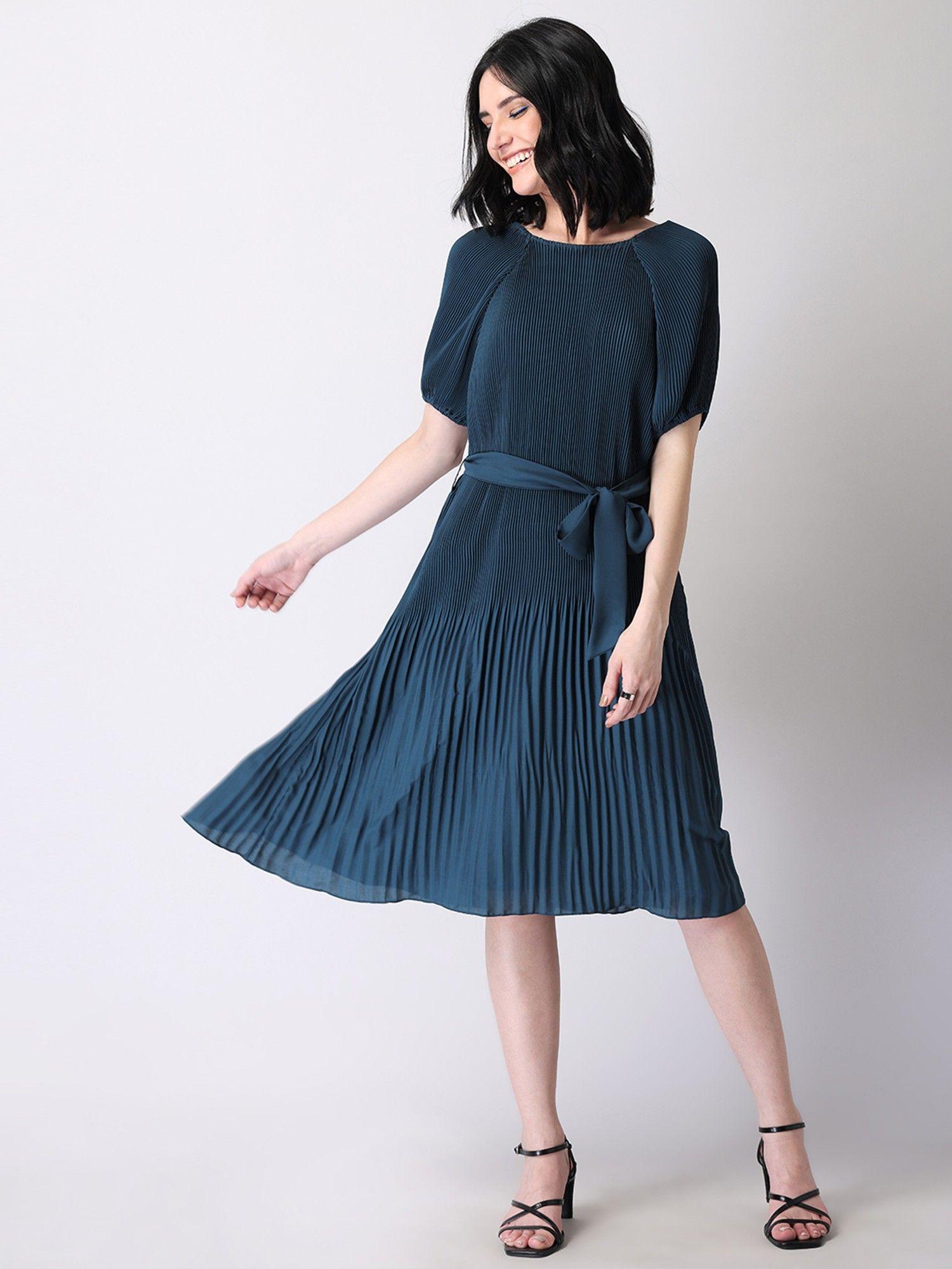 slate blue pleated belted back tie midi dress (set of 2)