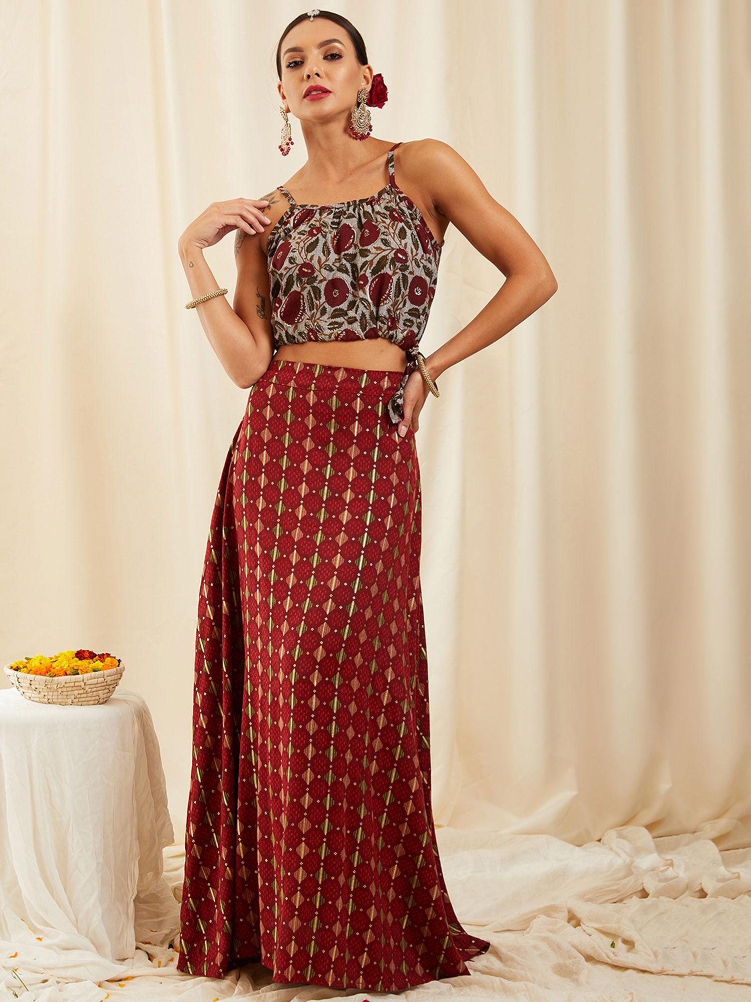 slate gray with garnet red crop top and skirt (set of 2)