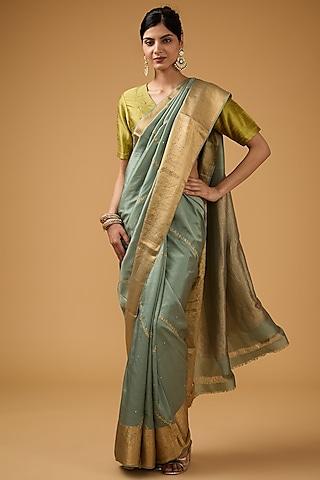 slate green silk floral embroidered saree set
