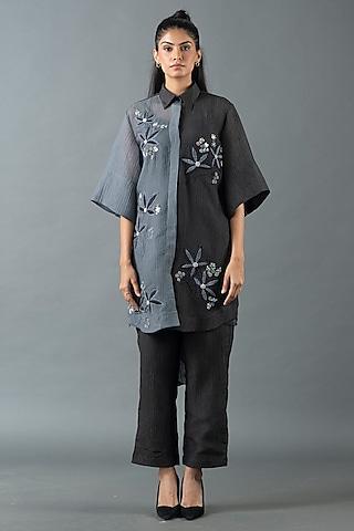 slate grey & charcoal black japanese quash floral embroidered tunic set