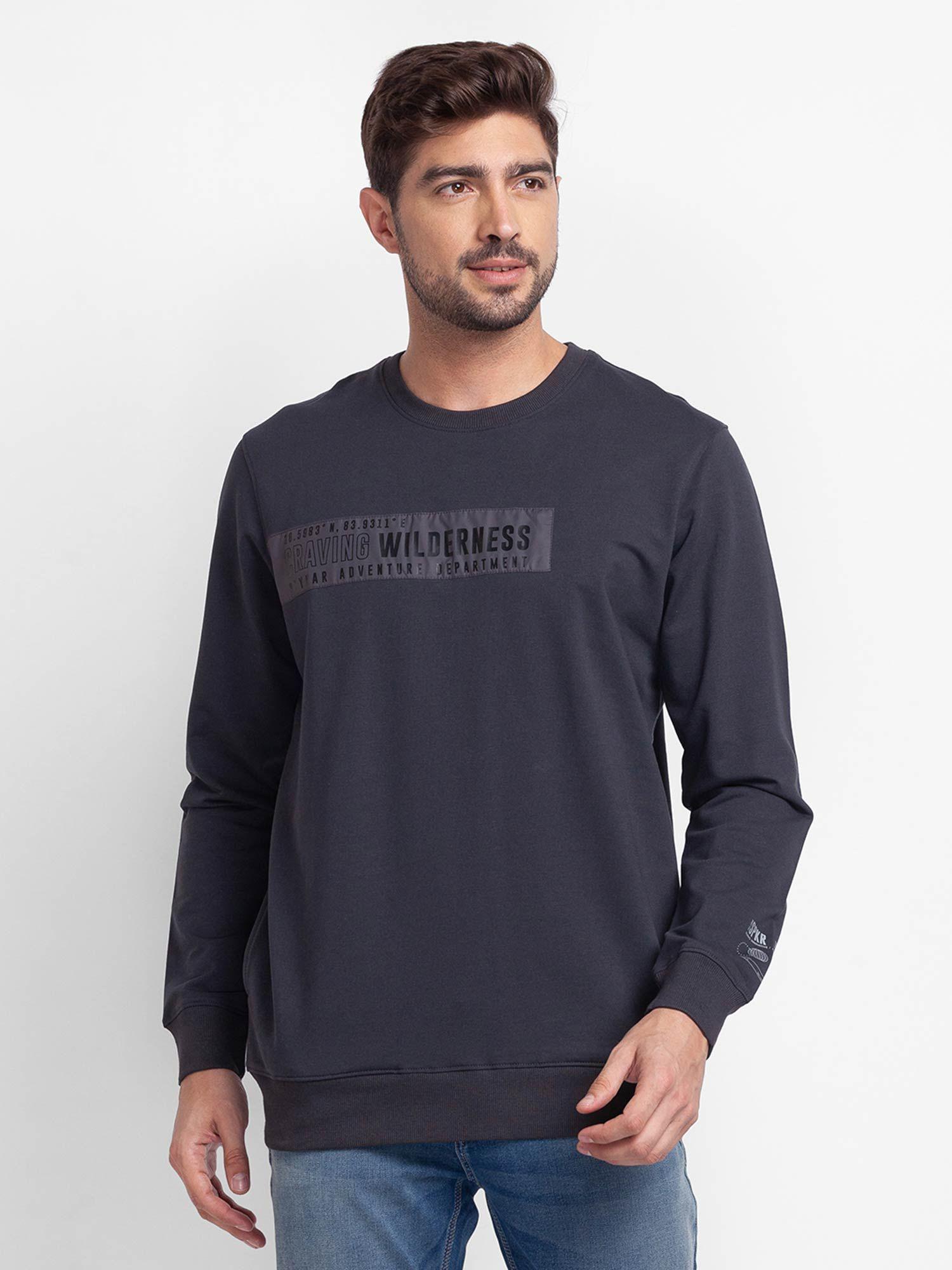 slate grey cotton full sleeve round neck sweatshirt for men