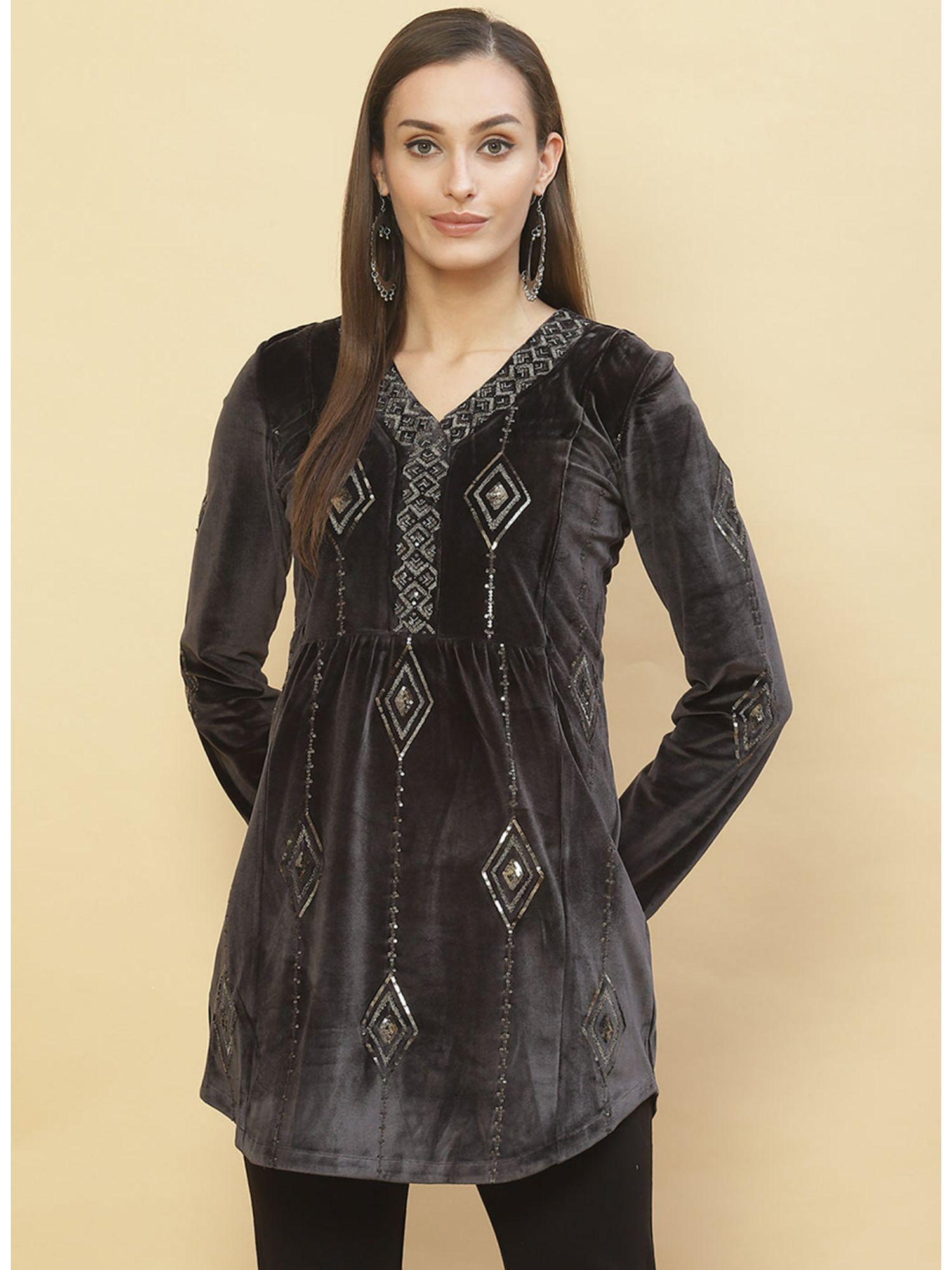 slate grey embroidered velvet top with sequins