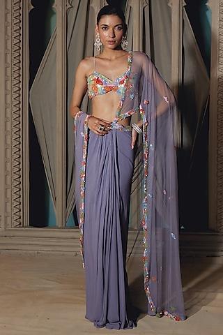 slate grey georgette & net hand embellished draped saree set