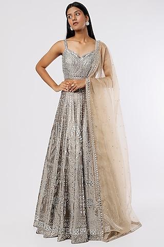 slate grey printed lehenga set with swarovski