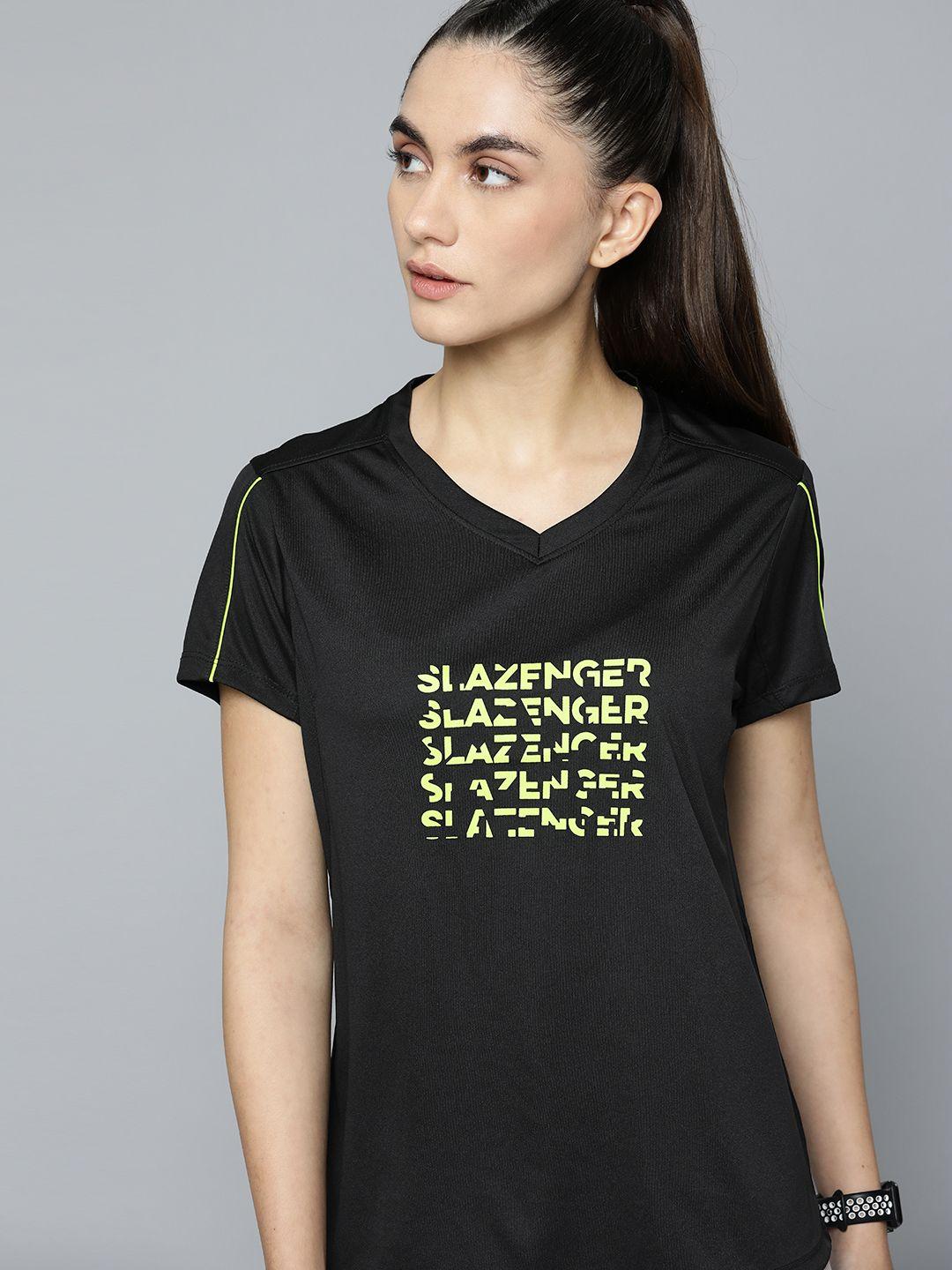 slazenger women black & lime green brand logo printed antibacterial running t-shirt
