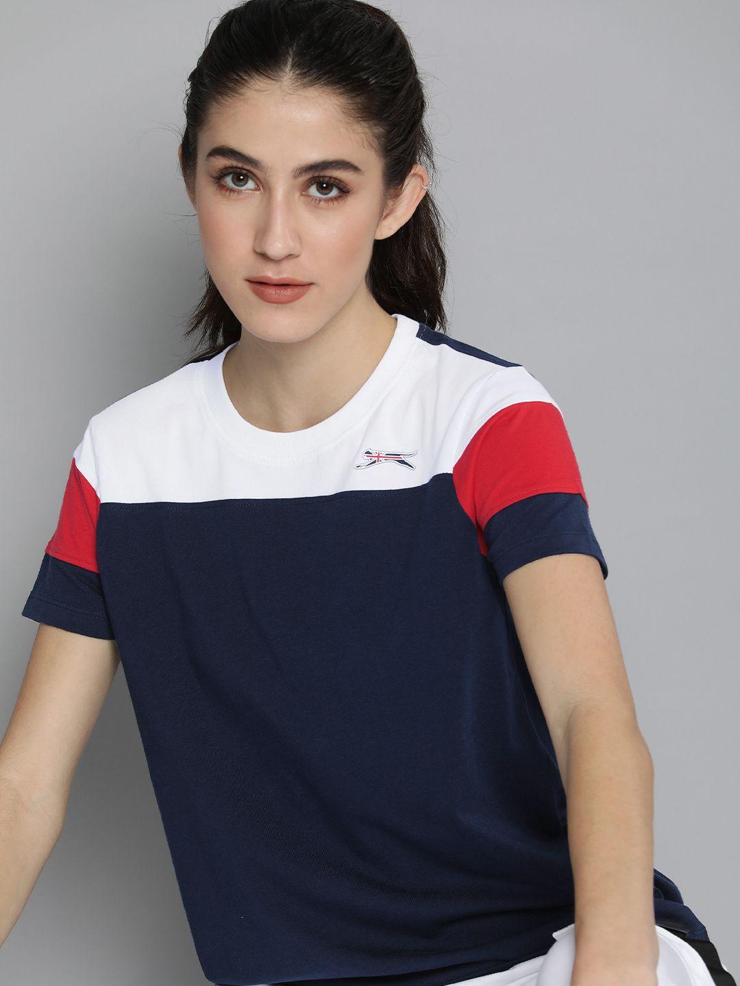 slazenger women navy blue & white colourblocked pure cotton applique t-shirt