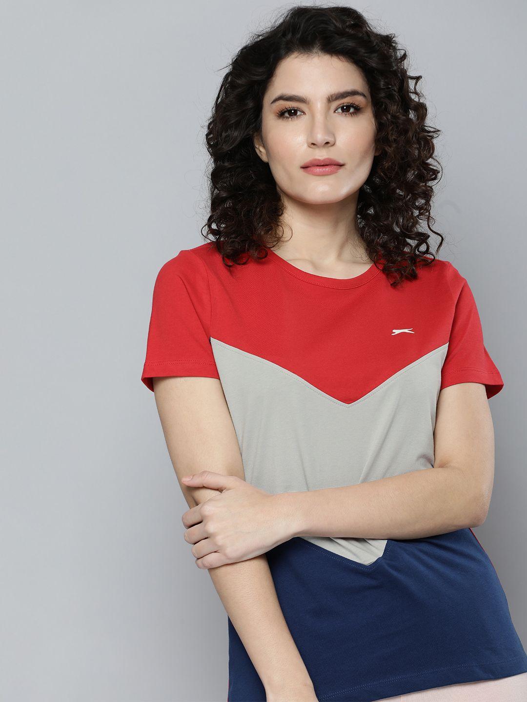 slazenger women red & navy blue colourblocked casual t-shirt