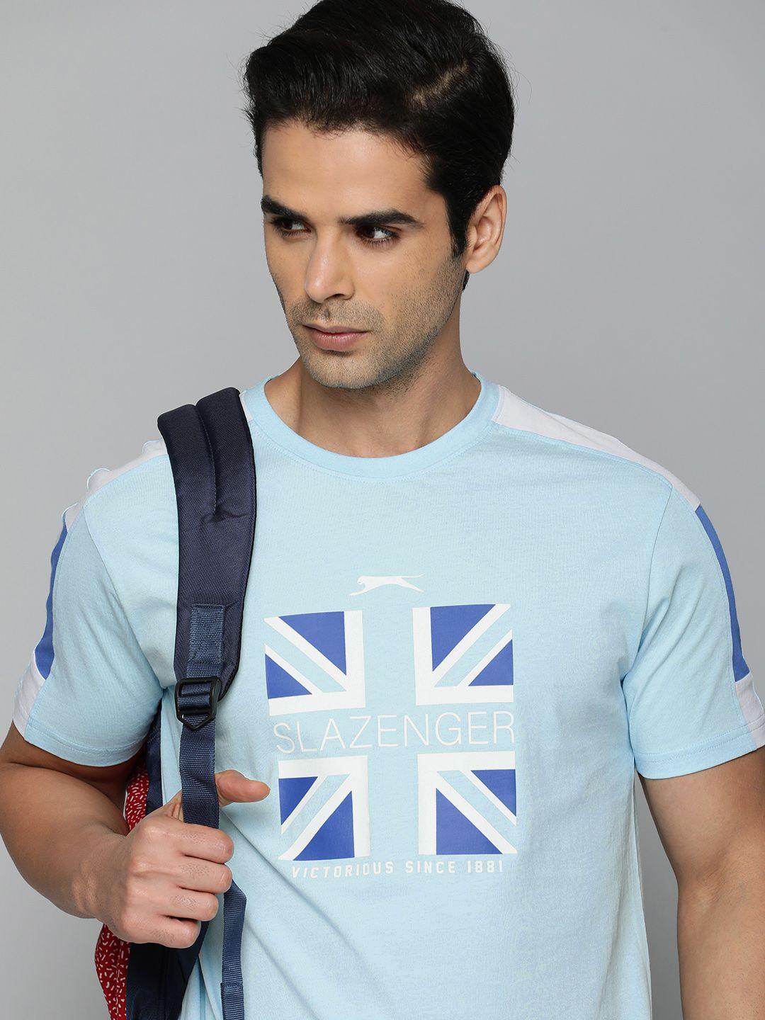 slazenger men blue & white brand logo printed pure cotton  t-shirt