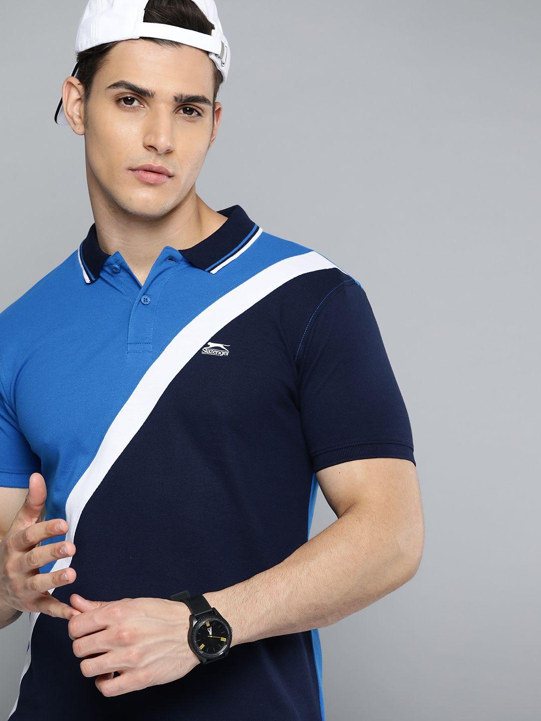 slazenger men blue & white colorblocked polo collar t-shirt