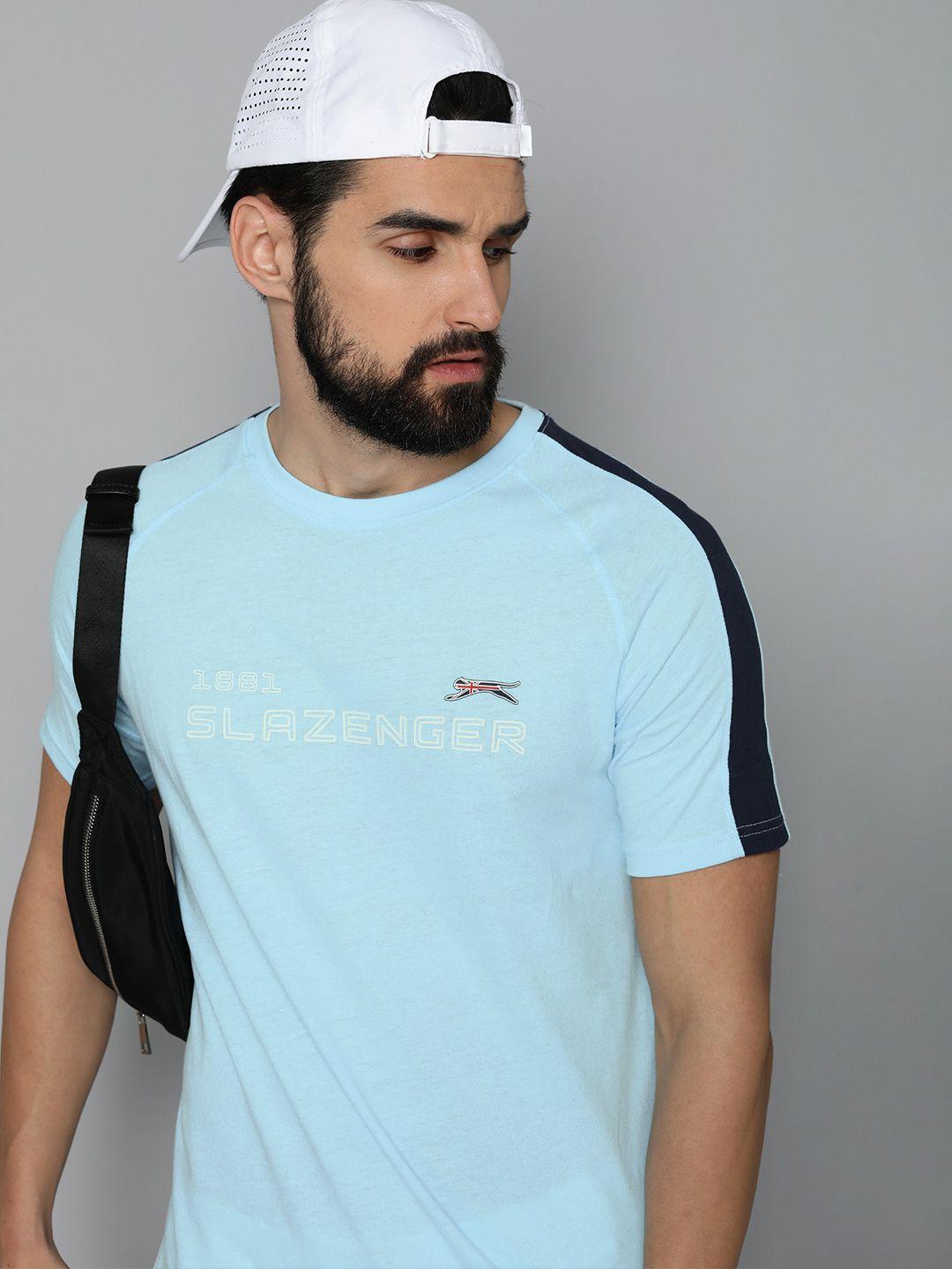 slazenger men blue brand logo printed pure cotton t-shirt