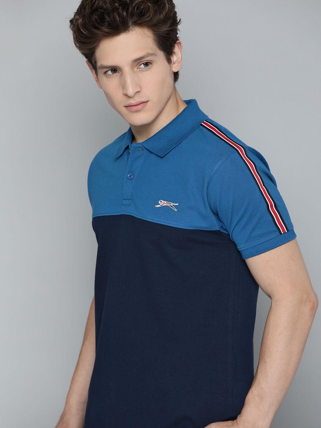 slazenger men blue colourblocked polo collar t-shirt