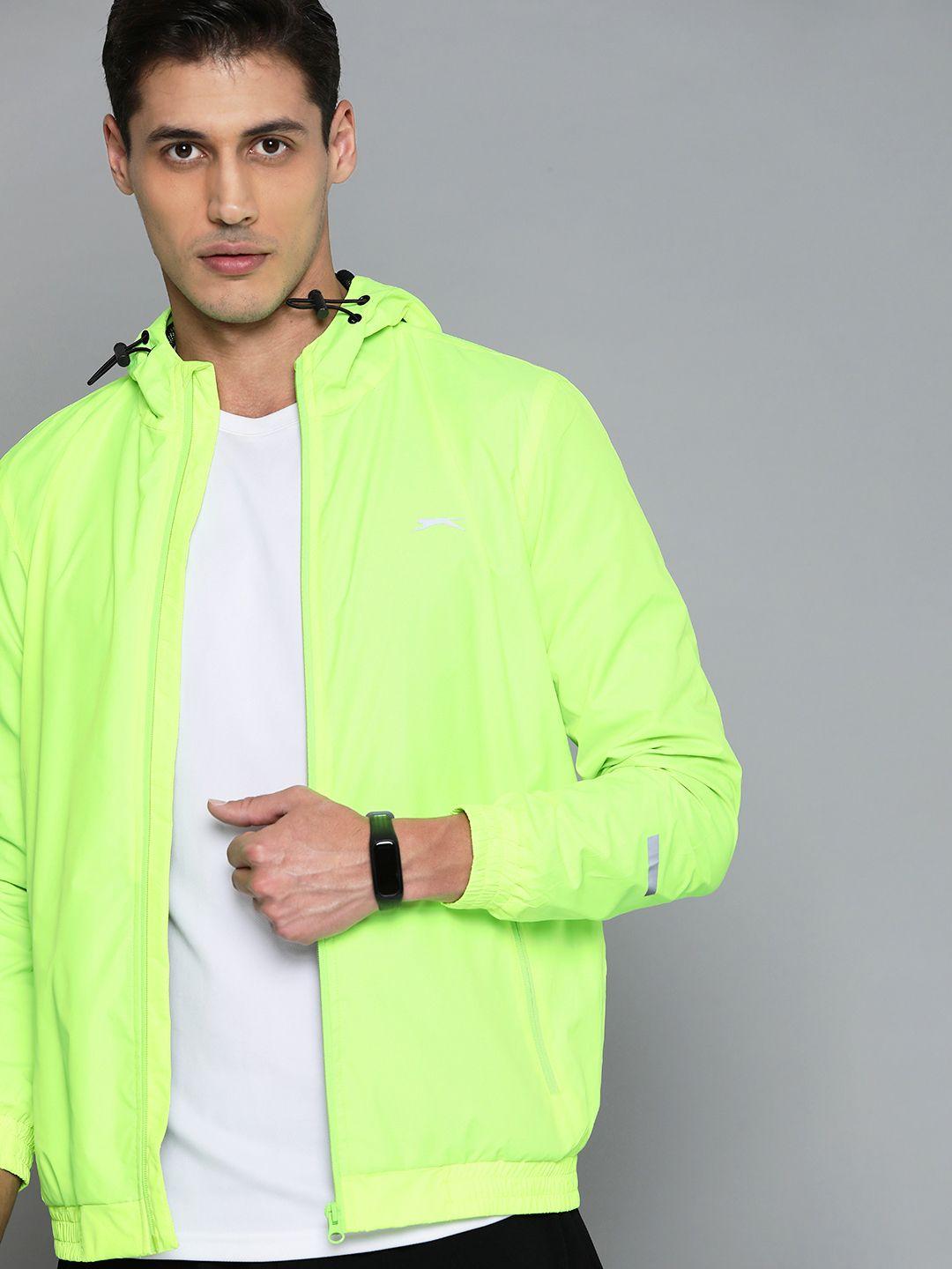 slazenger men fluorescent green reflective strip solid hooded running rapid-dry jacket