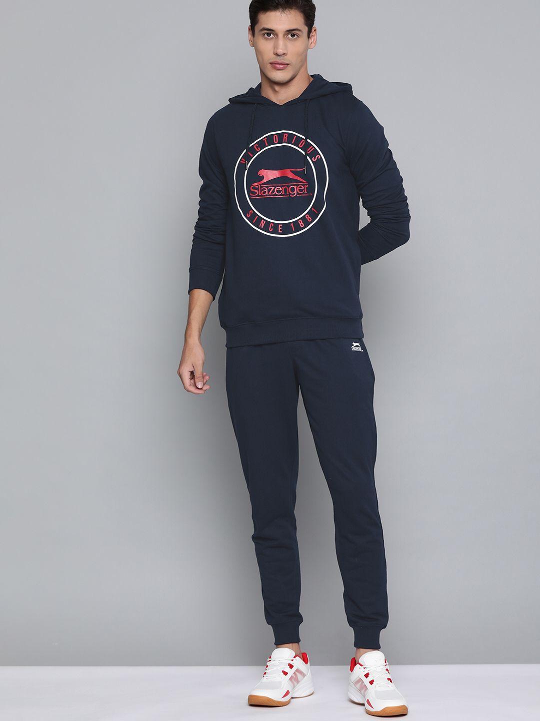 slazenger men navy blue printed hooded tracksuit