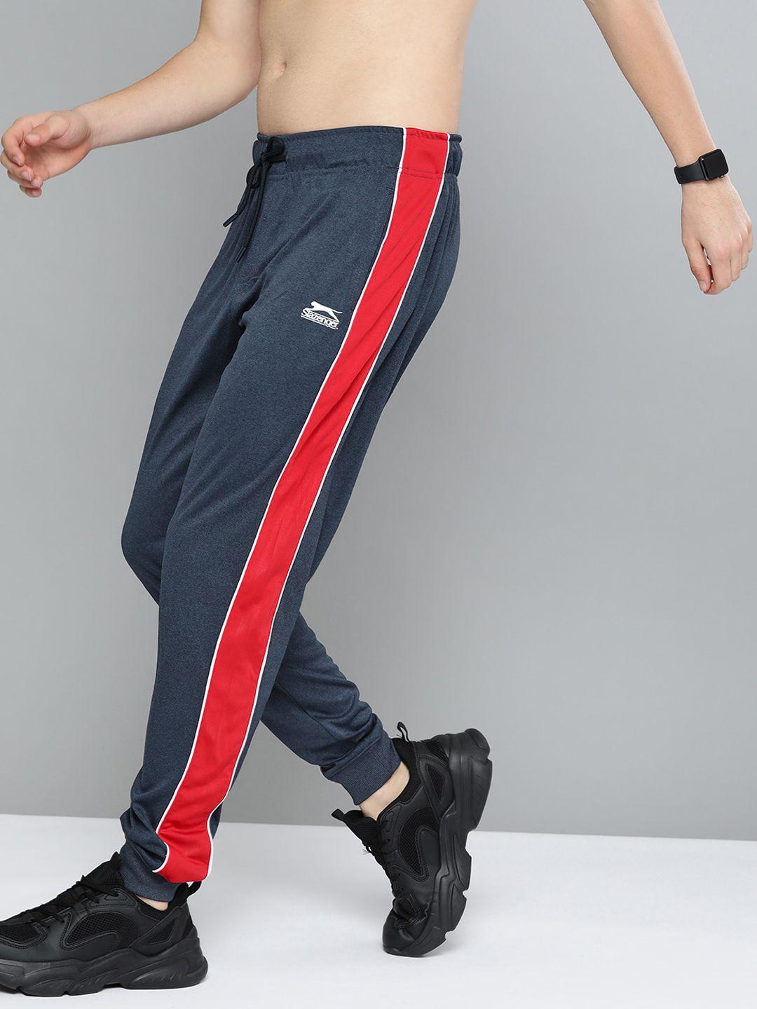 slazenger men navy blue solid straight fit joggers with side stripes