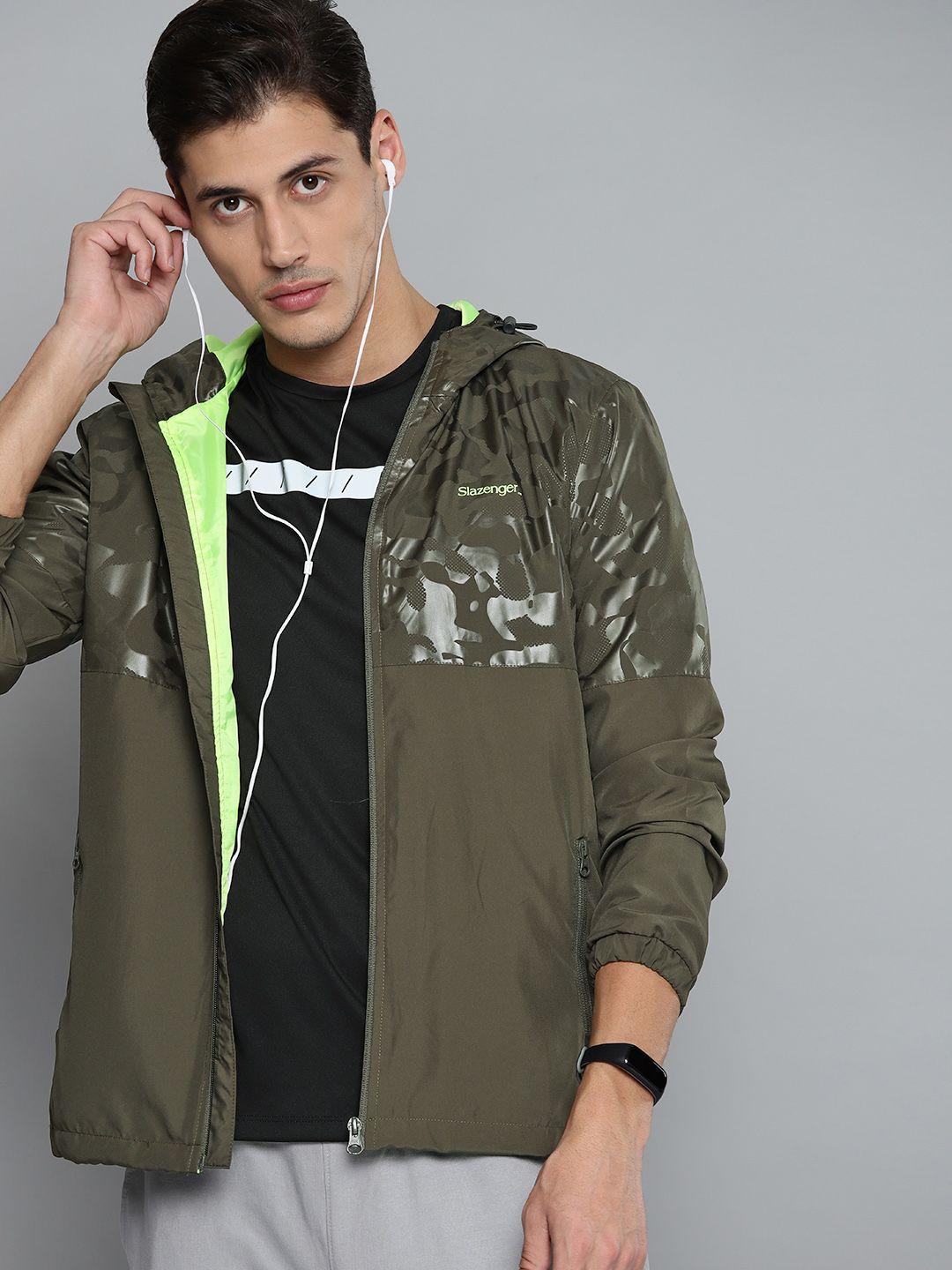 slazenger men olive green camouflage print hooded running rapid-dry jacket