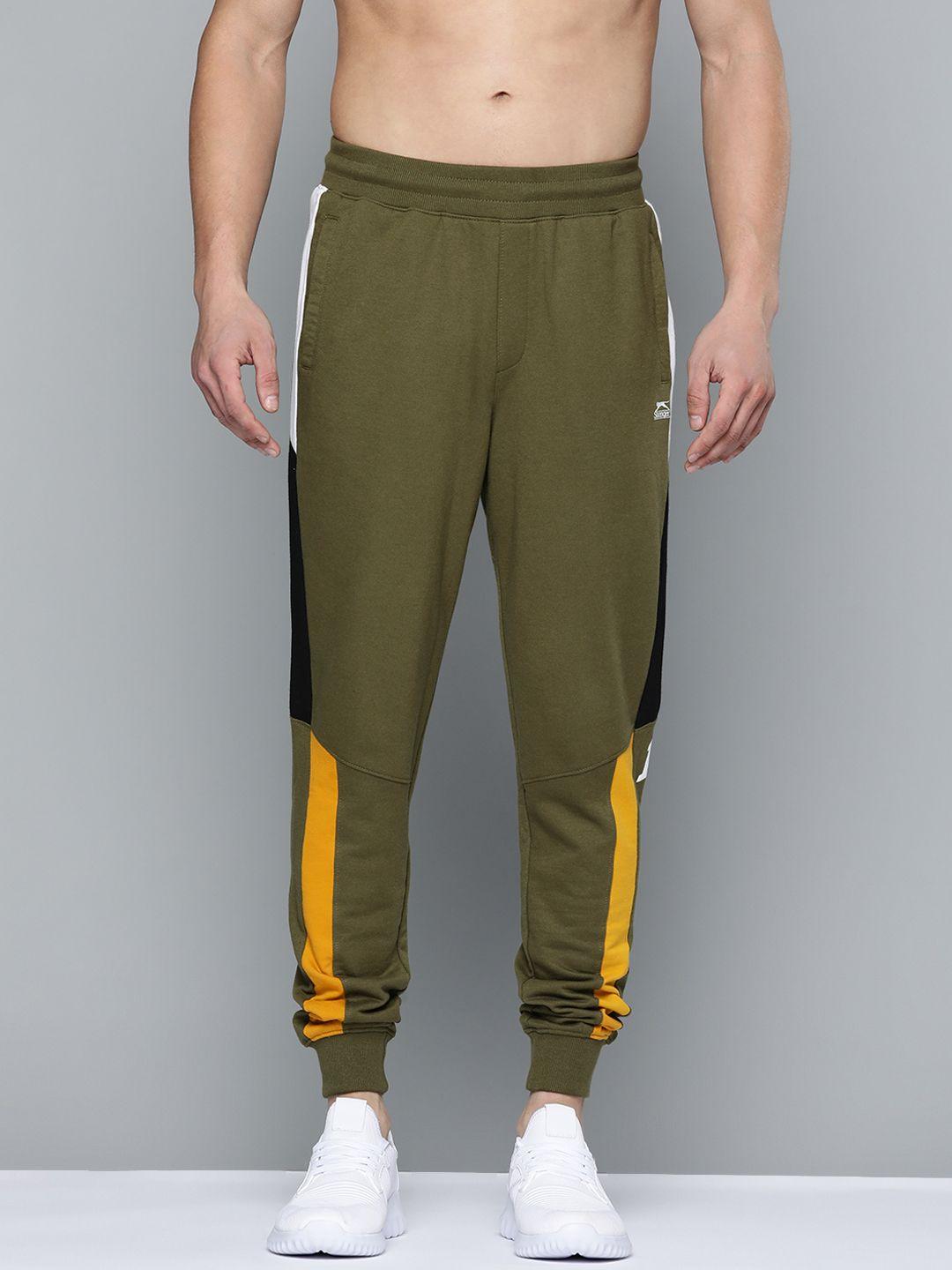 slazenger men olive green solid bio-wash athleisure joggers with contrast side panelling