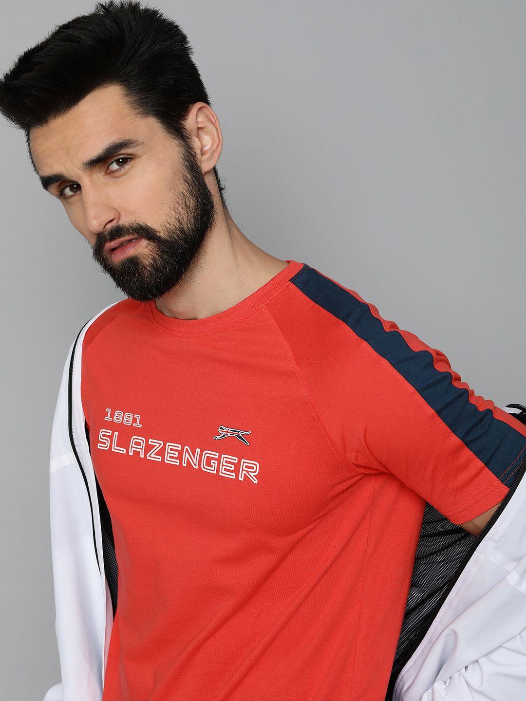 slazenger men red & white brand logo printed pure cotton  t-shirt