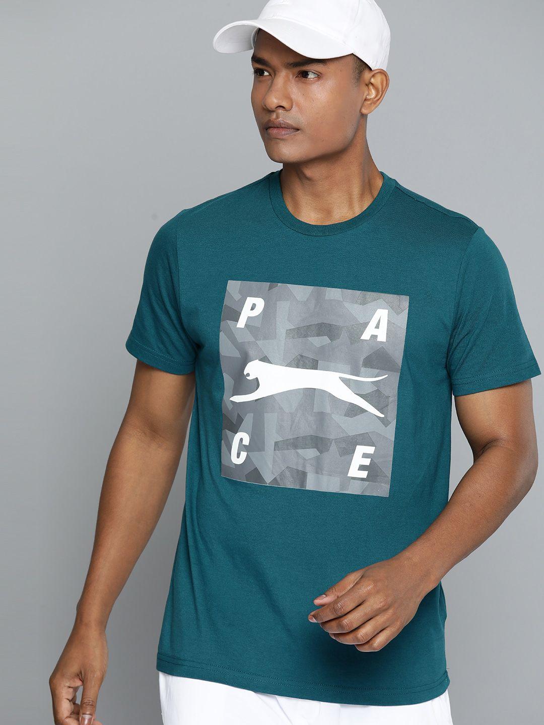 slazenger men teal & white brand logo printed t-shirt