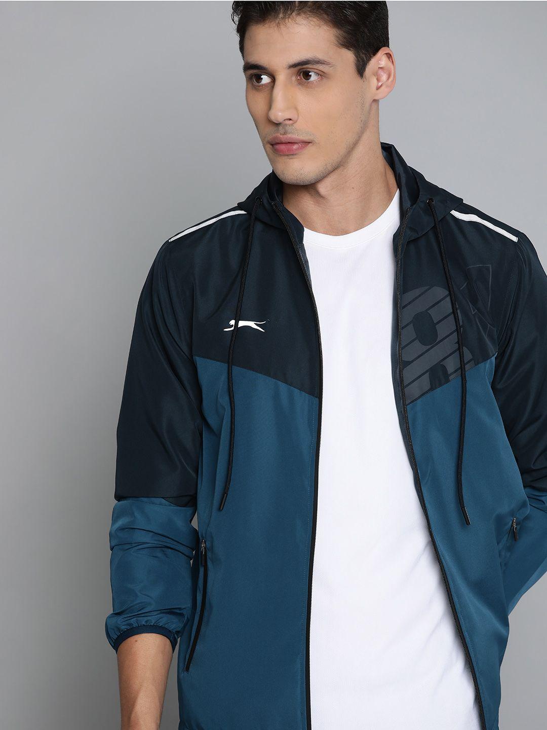 slazenger men teal blue & black colourblocked  reflective details running rapid-dry jacket