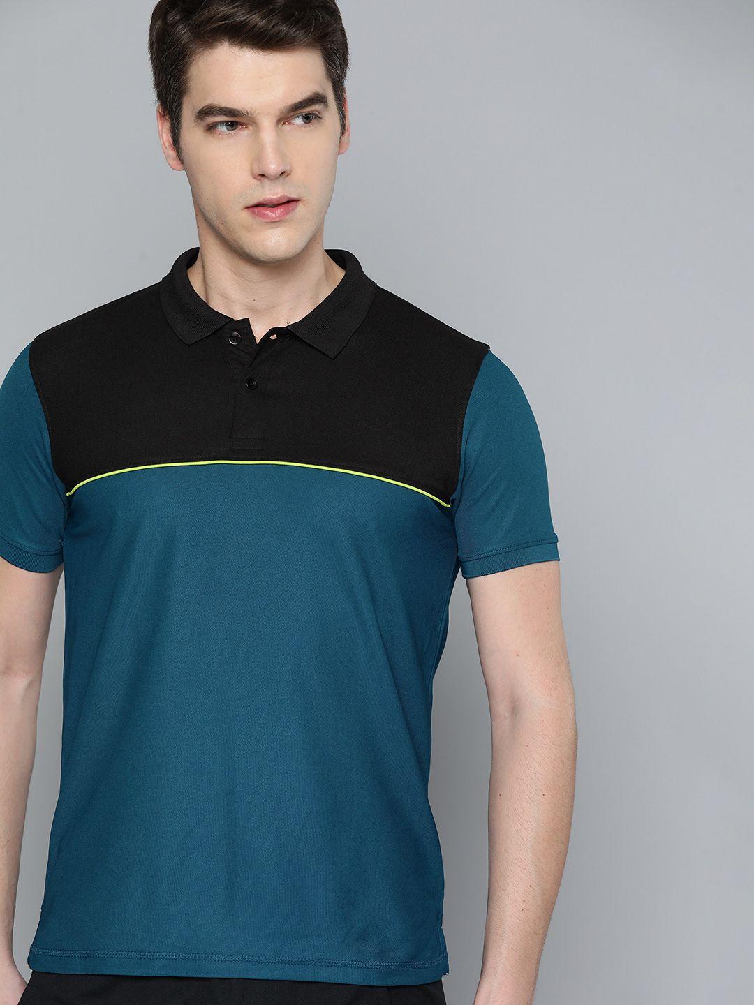 slazenger men teal blue & black colourblocked polo collar t-shirt