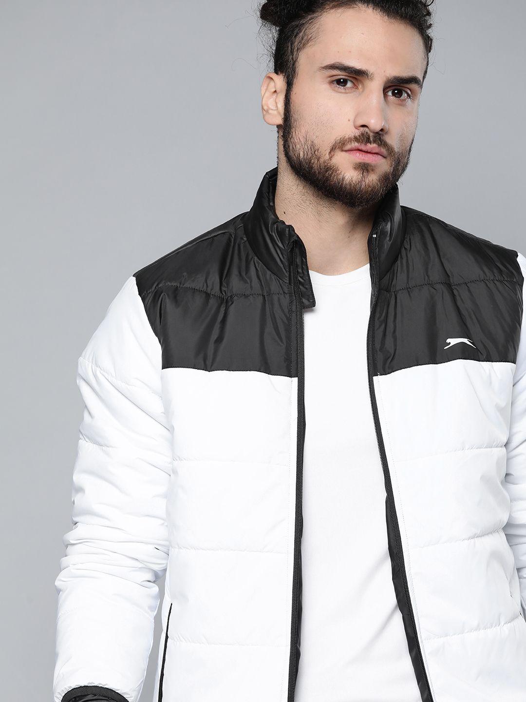 slazenger men white & black colourblocked padded jacket