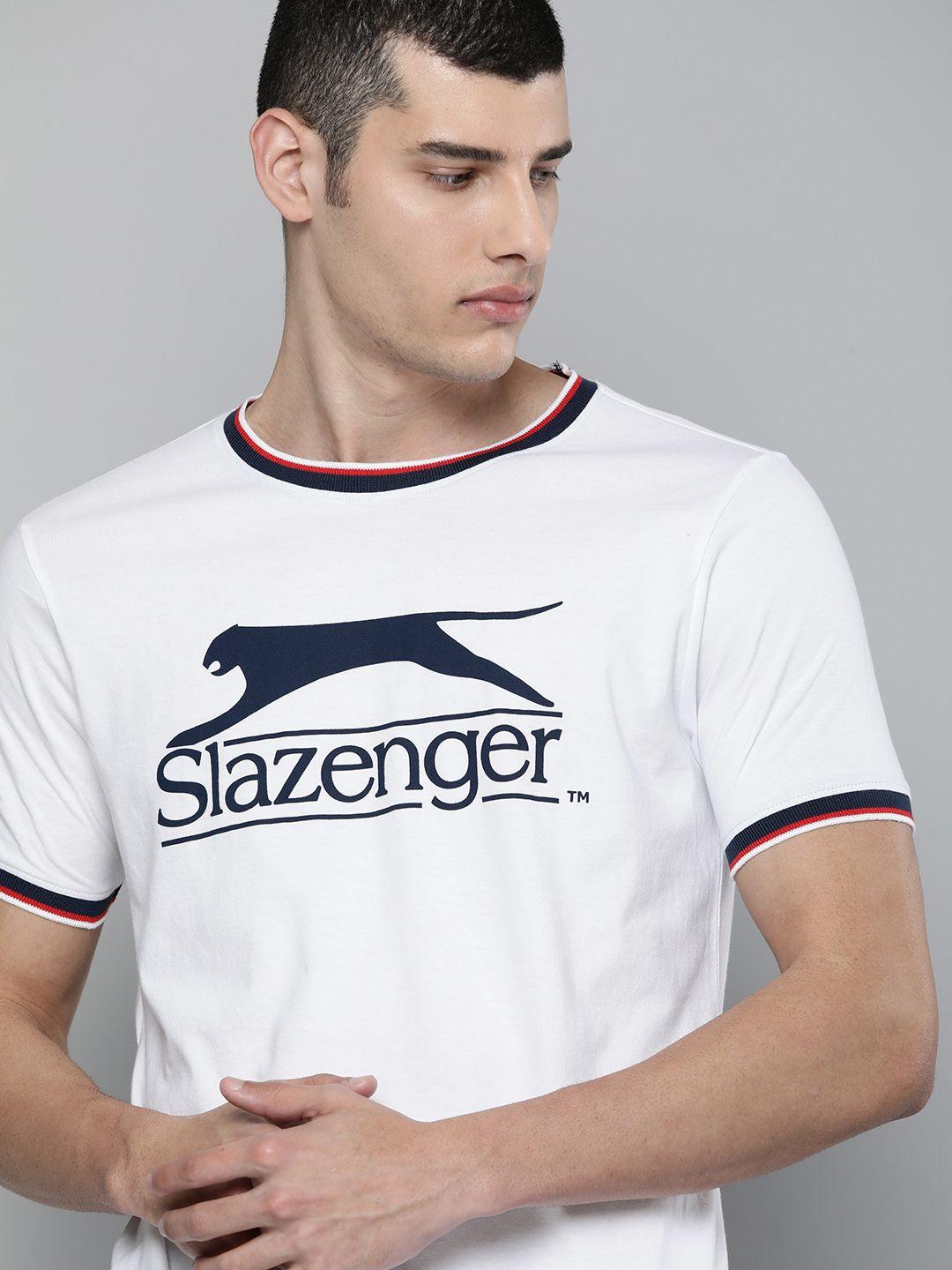 slazenger men white brand logo printed bio-wash t-shirt