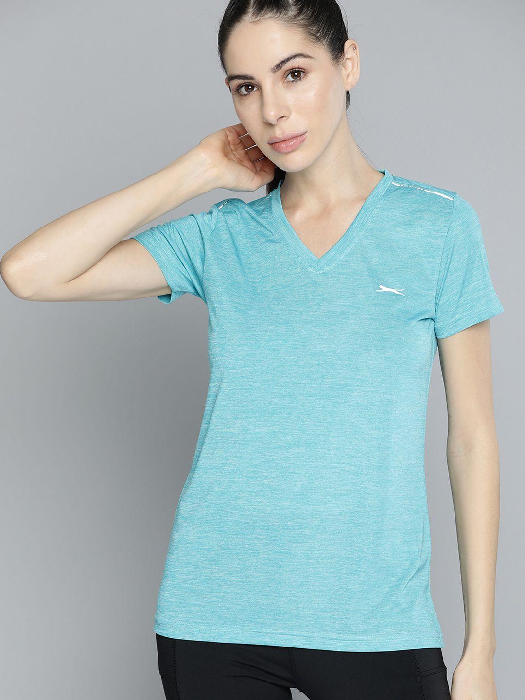 slazenger women blue & grey melange slim fit v-neck t-shirt