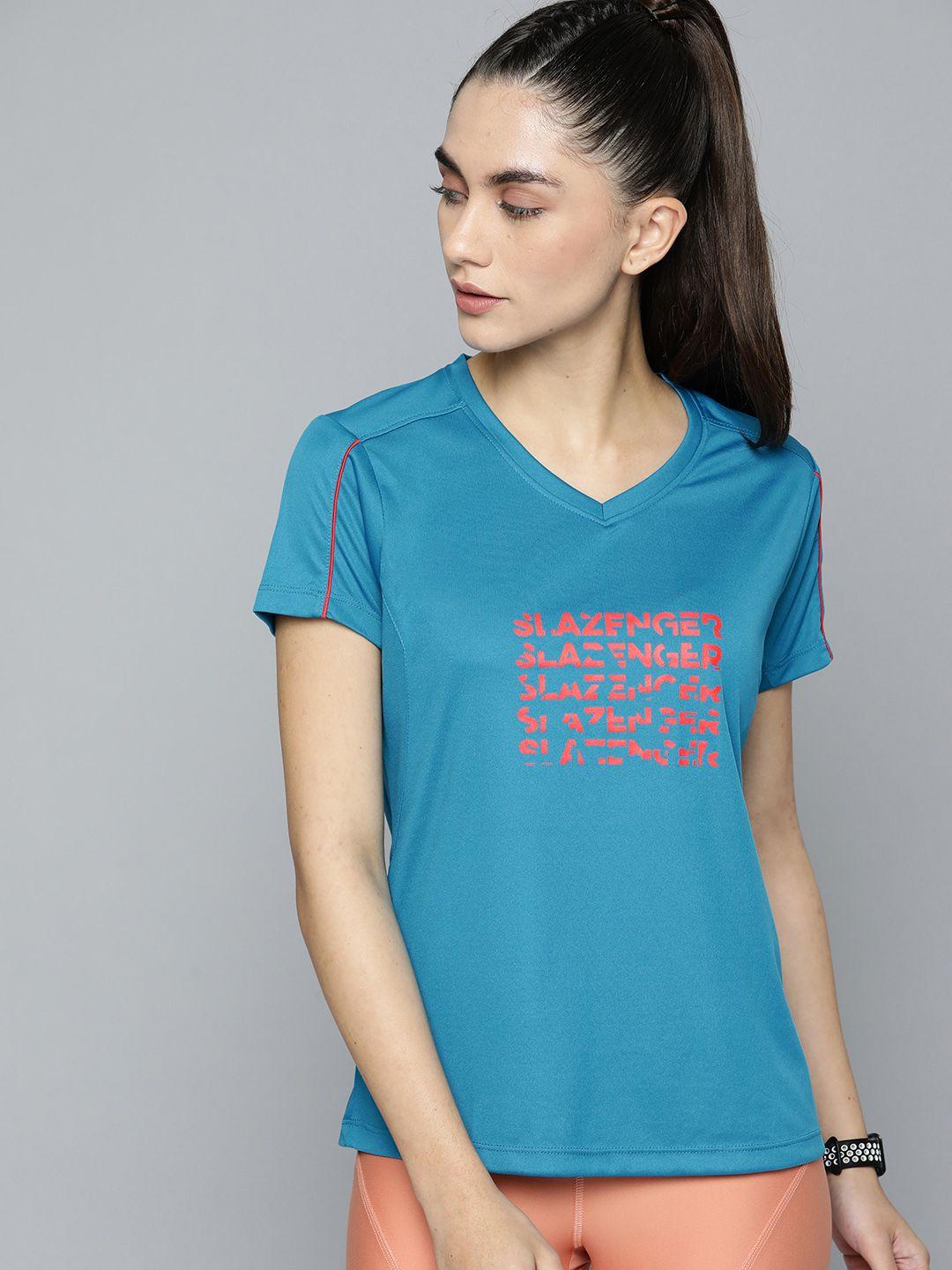 slazenger women blue & red brand logo printed antibacterial running t-shirt