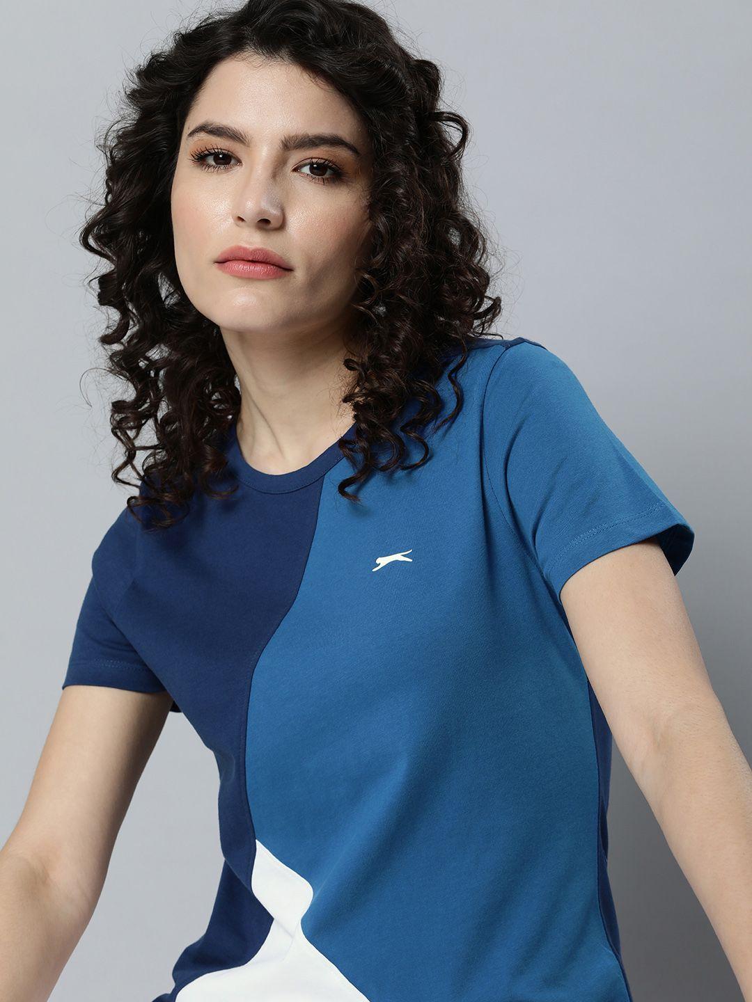 slazenger women blue & white colourblocked athleisure t-shirt