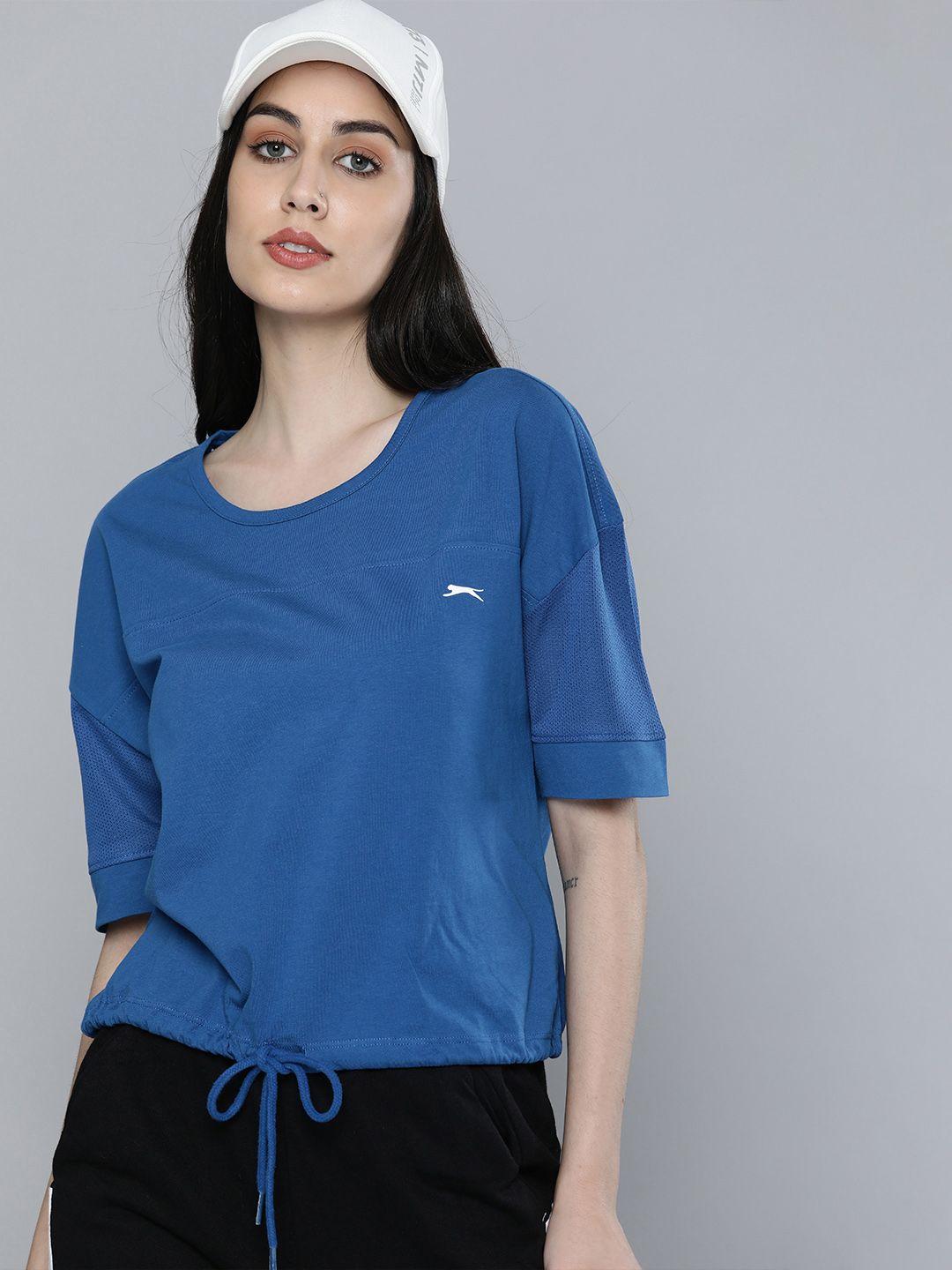 slazenger women blue brand logo printed pure cotton t-shirt with tie-up detail