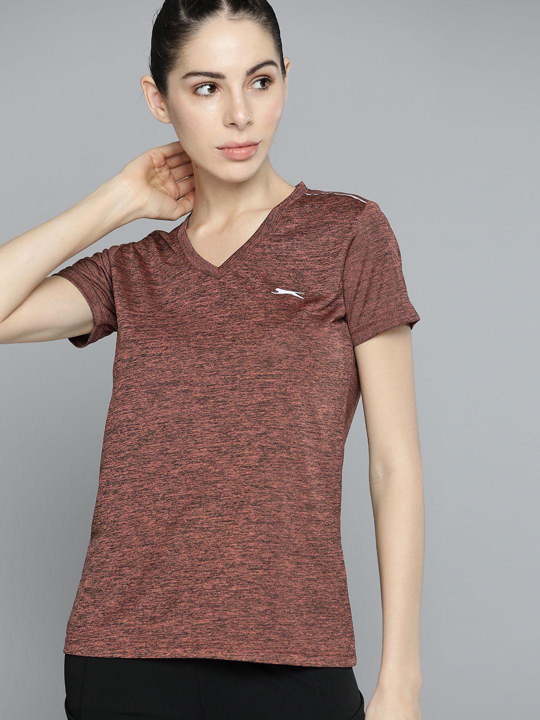 slazenger women brown & black slim fit v-neck t-shirt