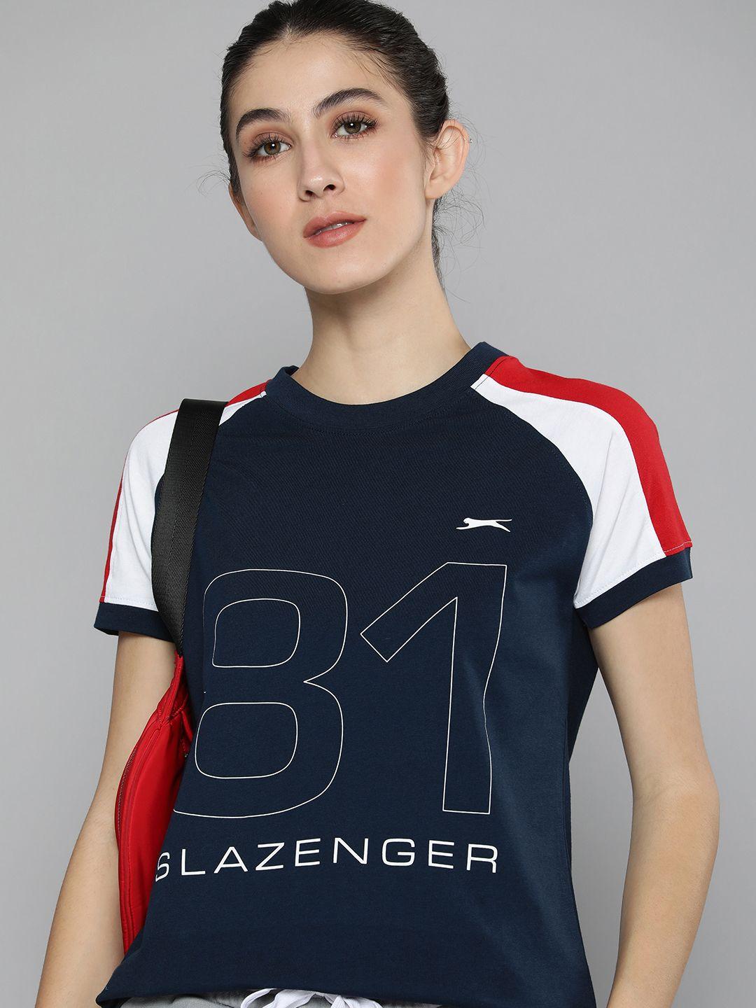 slazenger women navy blue & white brand logo print pure cotton athleisure t-shirt