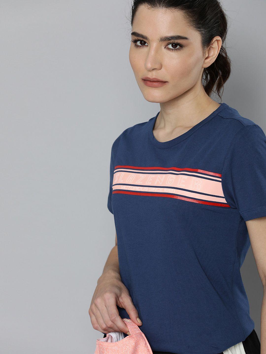 slazenger women navy blue brand logo printed pure cotton athleisure t-shirt