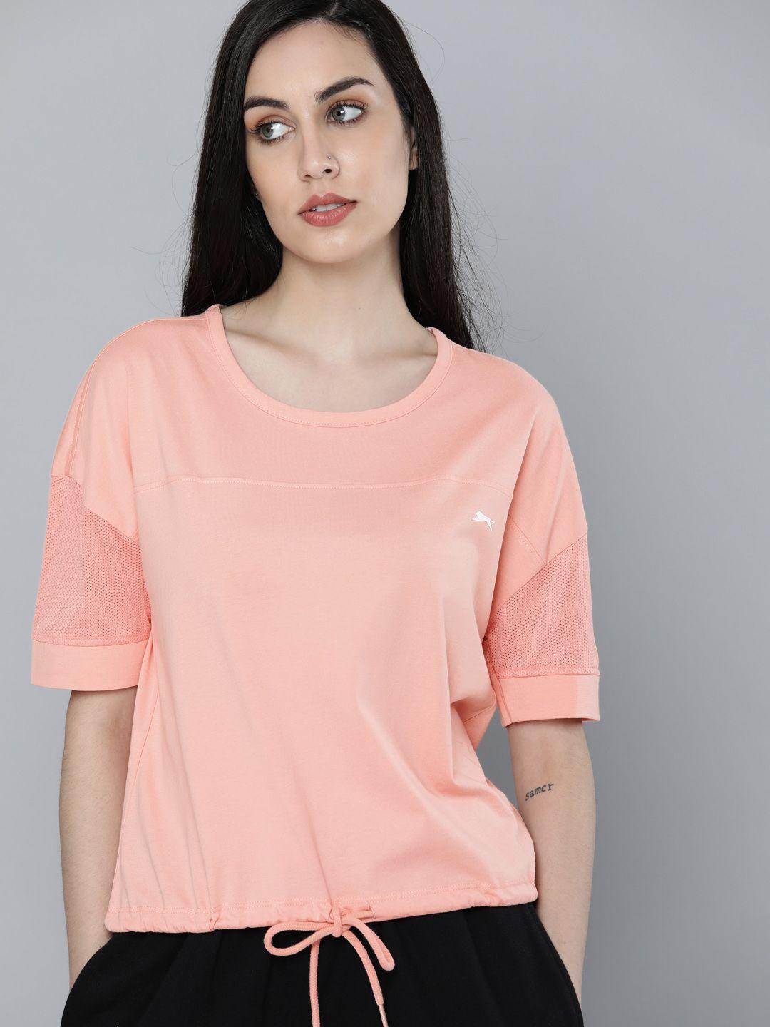 slazenger women peach-coloured brand logo printed pure cotton t-shirt with tie-up detail