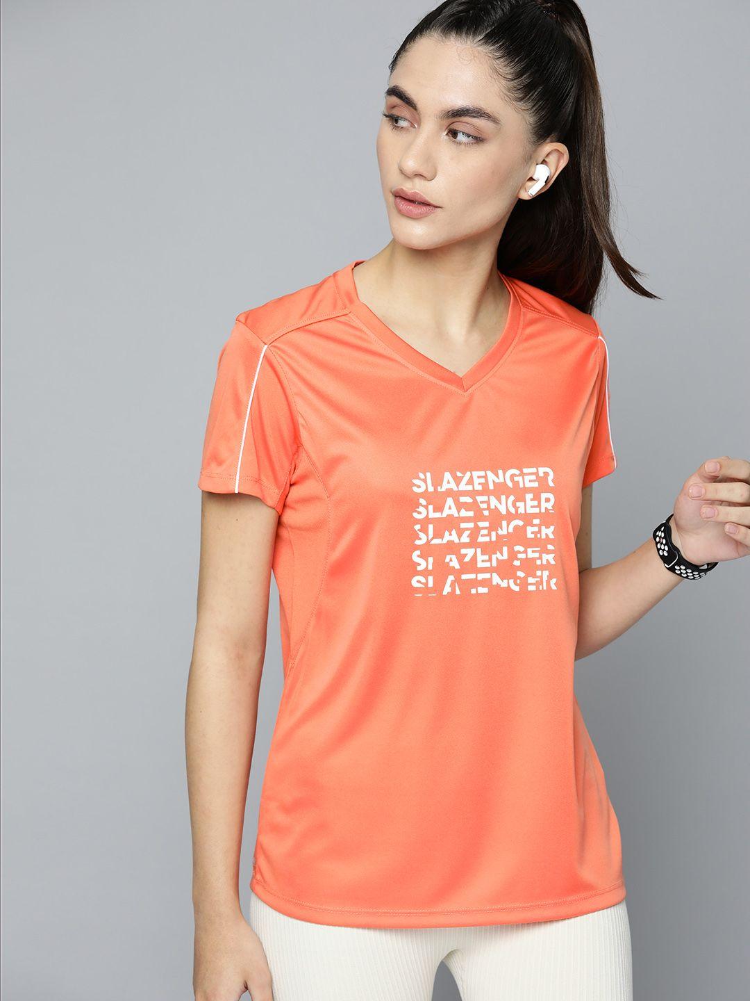 slazenger women peach-coloured printed running t-shirt with reflective detail