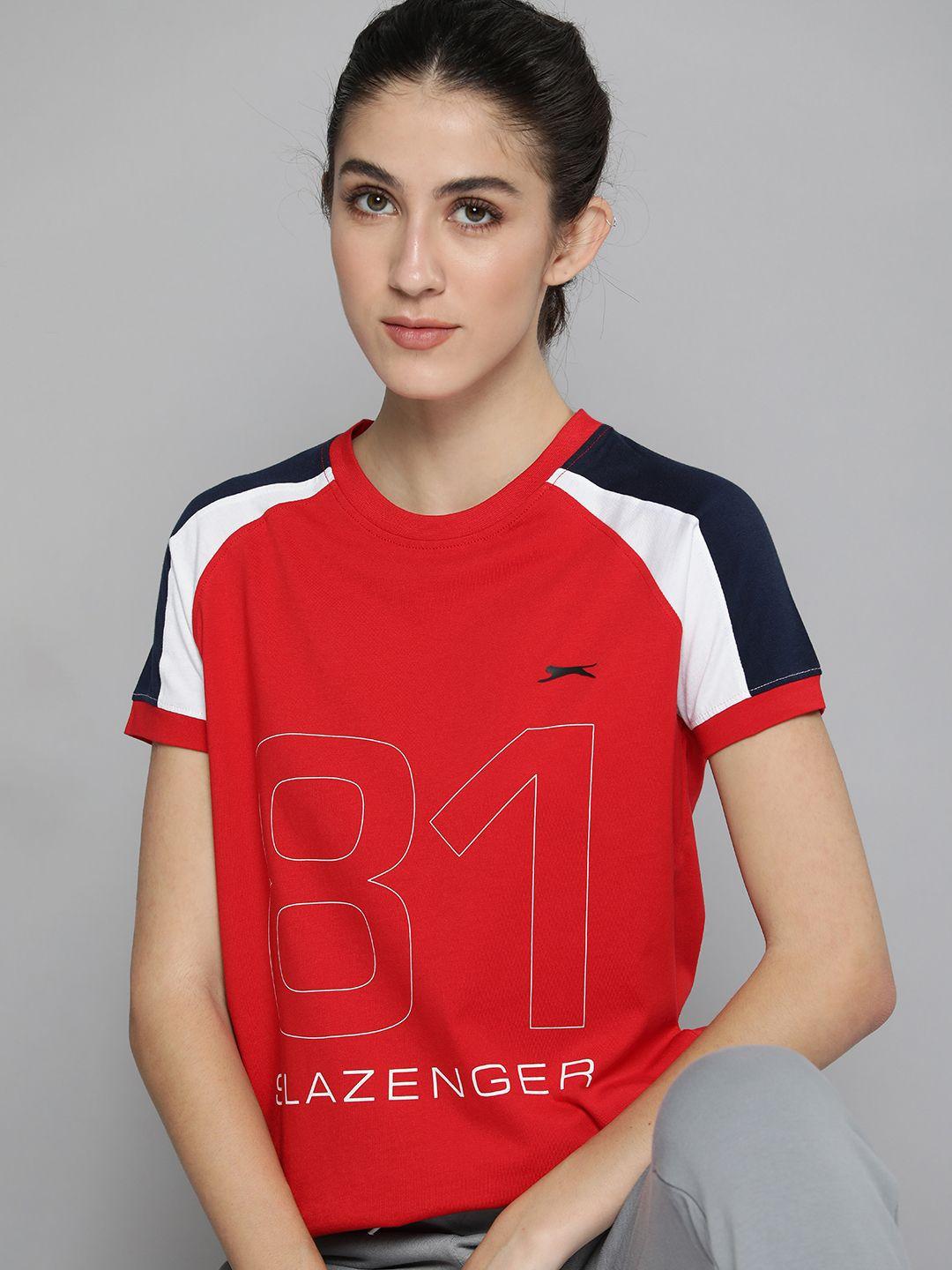 slazenger women red & white brand logo print raglan sleeves pure cotton athleisure t-shirt